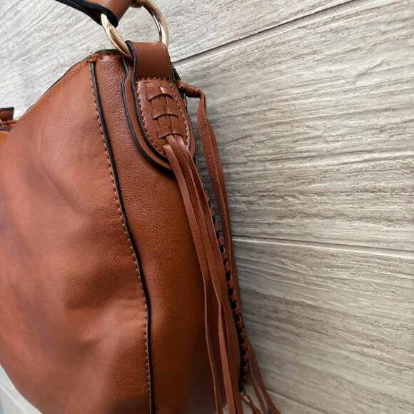 👜Charming Charlie Faux Leather Shoulder Bag Purse Tassels Brown Tan Bucket - Picture 8 of 10